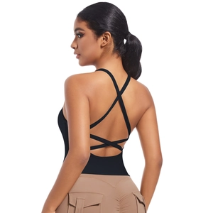 Détail de la brassière de sport noire avec bretelles croisées multiples et dos nu élégant