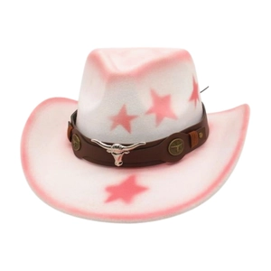 Detail of western cowboy hat with pink stars and a brown band featuring a metal bull head