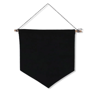 Minimalist black blank fabric pennant flag banner with wood pole and twisted rope