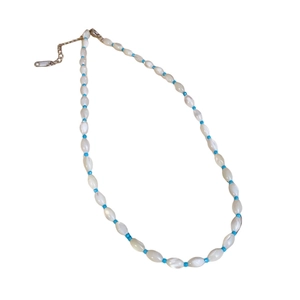 Elegant shell and blue aquamarine beaded necklace with a golden metallic clasp finish