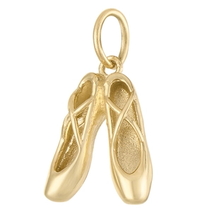 Macro shot of two golden ballet slipper pendants with detailed metallic finish and loops