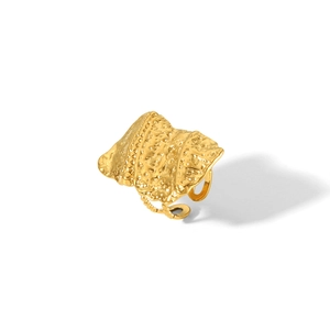 Detail van 18K goud roestvrijstalen ring met gehamerde textuur en kraalrand versiering