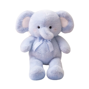 Cute light blue stuffed elephant plush toy with large round ears and a blue checkered bow