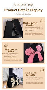 Detail of a chic knitted tote bag featuring a pink bow pattern and dual-layer handles