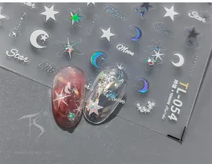 Macro detail of 5D laser star and moon nail stickers with model TL-054 holographic effect