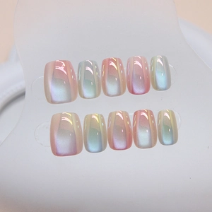 Short square aurora cat eye press-on nails with iridescent rainbow gradient 10pcs set