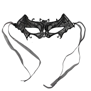 Elegant black lace bat-shaped masquerade mask with hollow out pattern and silk ribbons