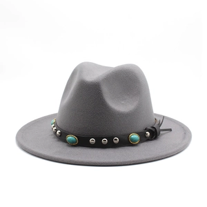 Detail of the gray felt fedora showing a black leather band with turquoise stone accents