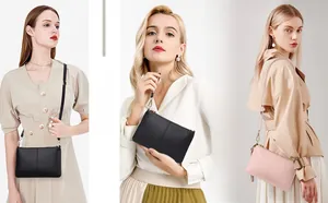 Close-up of PU leather crossbody bag with detachable strap and gold metal hardware