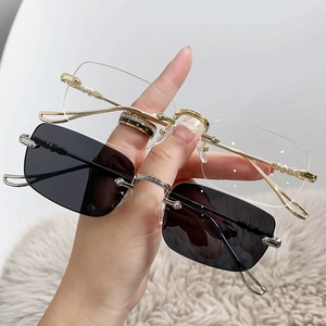 Rimless Rectangle Sunglasses Metal Carved Temples Fashion UV Protection Eyewear For Women