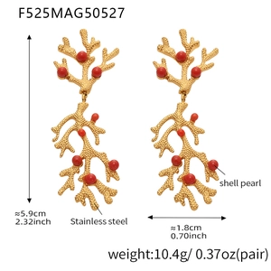 Detailed size view of coral branch earrings with red shell pearls and dimensions