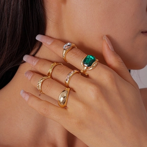Ring Collection Alloy Emerald Green Stone Pink Rhinestones Geometric Retro Gold Plated Fashion Jewelry Women