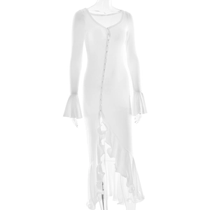 Detail of white V-neck dress with button closure and elegant flared sleeves design