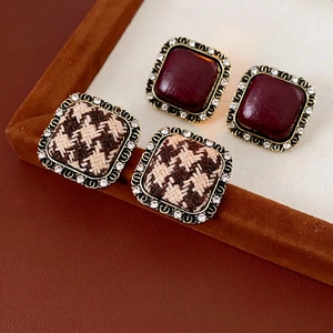 Retro square earrings with rhinestone border in burgundy and houndstooth fabric textures