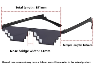 Detailed dimension guide for black pixel sunglasses showing frame and temple measurements