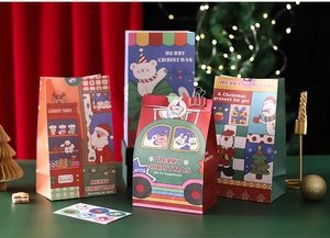 Detailed view of colorful Christmas gift bags with decorative stickers on a festive background