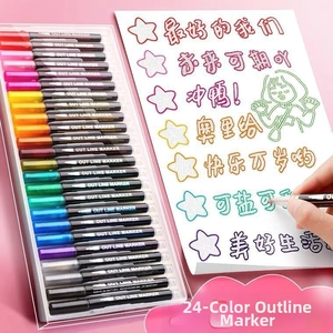 Detail view of 24-color double line outline markers showing metallic strokes on paper