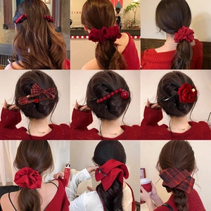 Detail showing 9 styles of red velvet hair claws and bow clips for thick hair back view