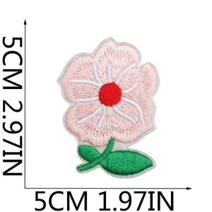 Detailed embroidery of a pink flower patch with green leaves, size 5cm by 5cm