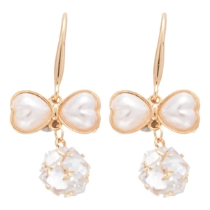 Elegant gold bow heart earrings with white pearls and faceted zircon crystal drops