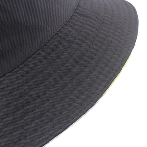 Close-up of black canvas bucket hat showing parallel stitching and fabric texture