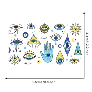 Size chart showing 31x53cm dimensions for mystical evil eye and hamsa hand wall decals