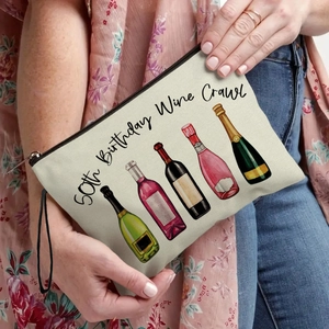 Makeup Bag Linen Cosmetic Pouch Birthday Wine Theme Portable Travel Toiletry Organizer With Wristlet Zipper For Women