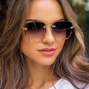 Rimless Sunglasses Women Gradient Lenses Wavy Scalloped Edge Metal Bridge Square Frame UV400 Fashion Eyewear