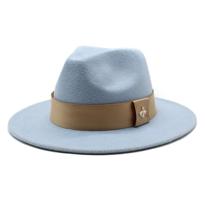 Detail of light blue wool fedora hat featuring khaki band and small metal bee ornament