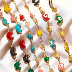 Colorful 18K gold plated stainless steel moon and heart charm chains for DIY jewelry making