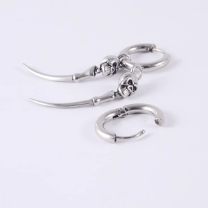 Punk gothic skull and long spike drop earrings in antique silver stainless steel