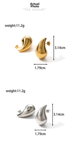Polished metal waterdrop earrings in gold and silver finish with dimension specs
