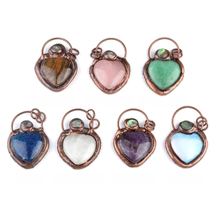 Vintage heart shaped copper wire wrapped natural tiger eye and amethyst stone pendants