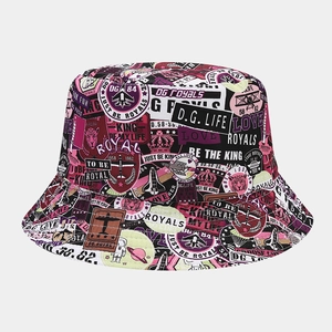 Detail of graffiti print bucket hat with street style astronaut and crown motifs