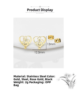 Detail view of gold heart stud earrings featuring a musical treble clef and note design