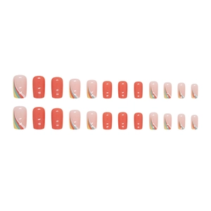 Rainbow stripe and coral orange square press-on nails set with 24 pieces in various sizes