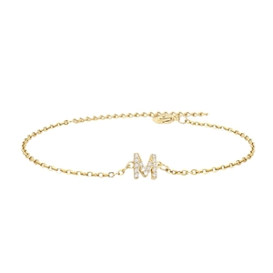 Golden stainless steel bracelet with crystal pavé letter M charm and adjustable chain