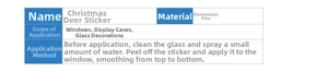 Technical specifications table for blue reindeer static film window stickers