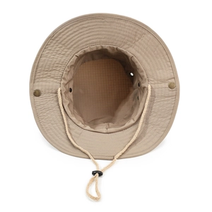 Men's khaki sun hat with wide brim, adjustable chin strap, and plaid lining for fishing