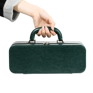 Large capacity dark green PU leather bangle storage case with handle and zipper closure