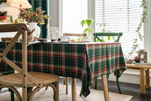 Detail of red and green plaid tablecloth made of high-quality cotton linen fabric