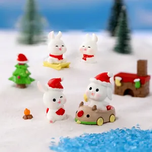 Christmas miniature resin rabbit set with red hats and sled for micro landscape decor