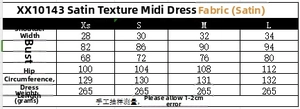 Size chart showing chest and waist measurements for a black satin sleeveless midi dress