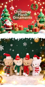 Detailed view of plush Christmas bear keychains with mini scarves and knitted hats