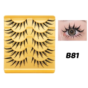 Detail view of model B81 fox-eye false eyelashes in a five-pair pack with styling display