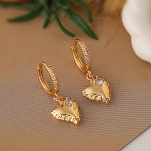 Exquisite gold-plated copper heart drop earrings with sparkling zircon gemstones