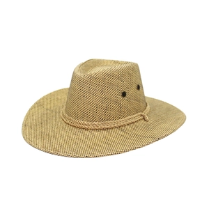 Western straw cowboy hat with dual-tone weave and rustic rope band for sun protection