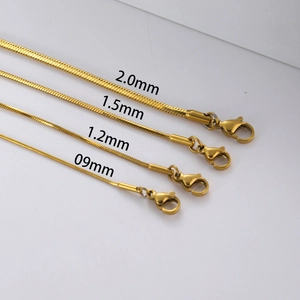 Golden stainless steel snake bone necklaces in 0.9mm to 2.0mm widths with lobster clasp