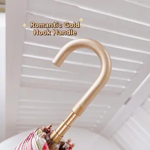 French style umbrella featuring a luxury gold J-shaped handle and pink plaid canopy