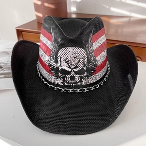 Chapeau de cowboy noir tissé avec motif crâne et chaîne métallique argentée élégante